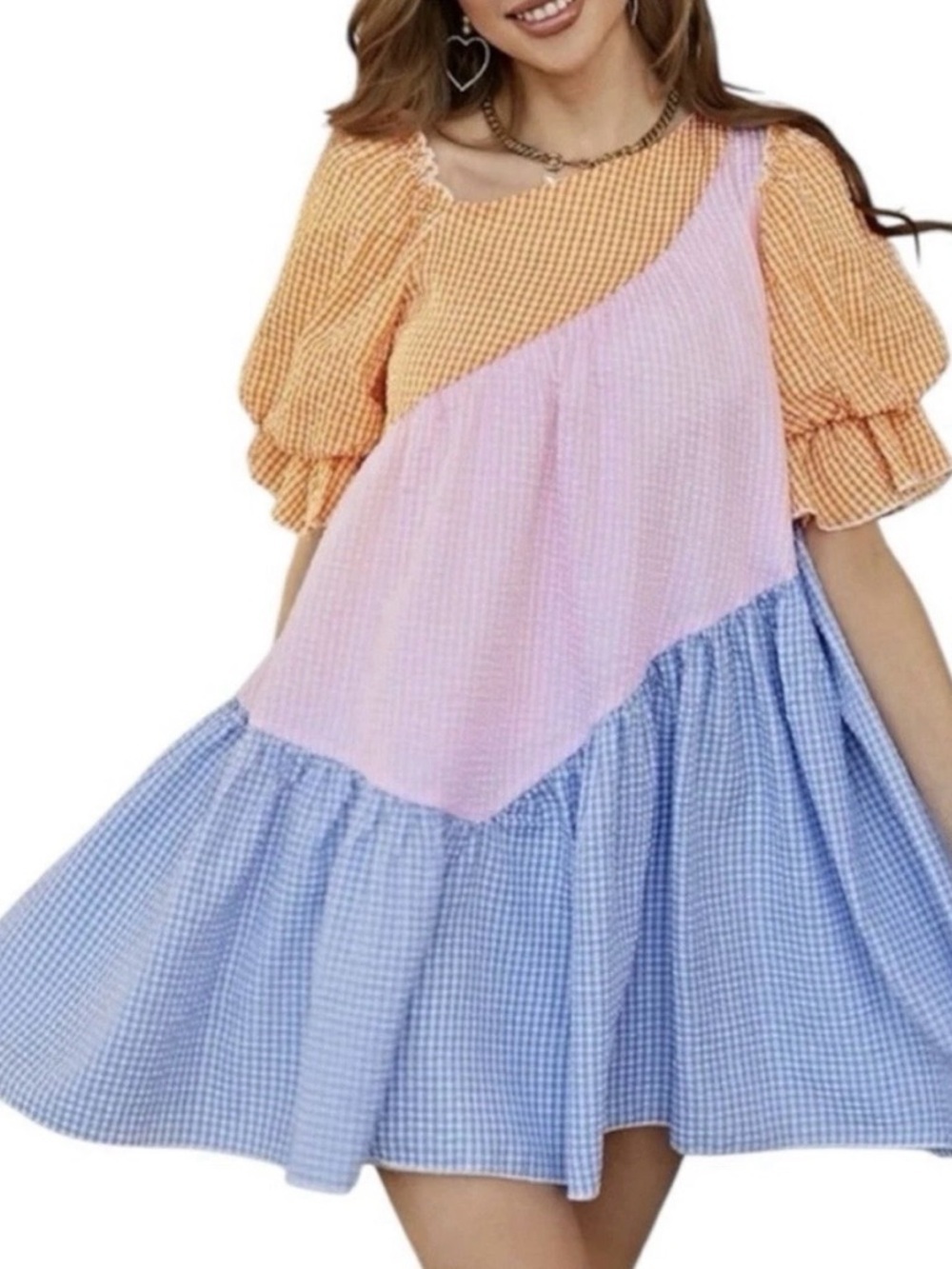 Simplee Colorblock Gingham Puff Sleeve Cottagecore Pastel Oversized Dress Sz M